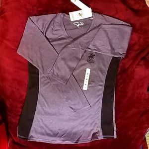 Women's V-neck active wear sleeve shirt Large /medium purple/black 100%polyester